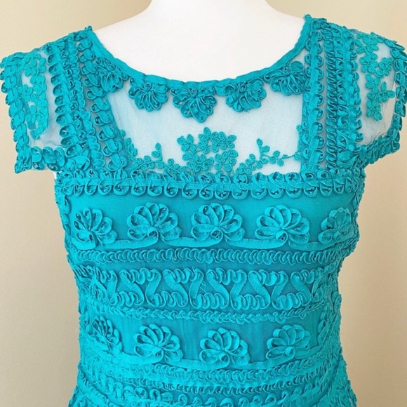 Yoana Baraschi Embroidered Ribbon Teal Dress - Size 4 - Picture 2 of 10